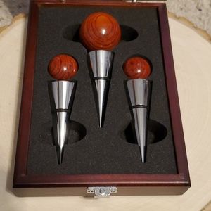 Lovely Set of 3 Wood Look Wine Stoppers in Box